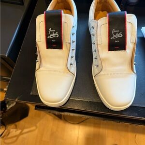 Christian Louboutin White and Black Sneakers with Silver Spikes